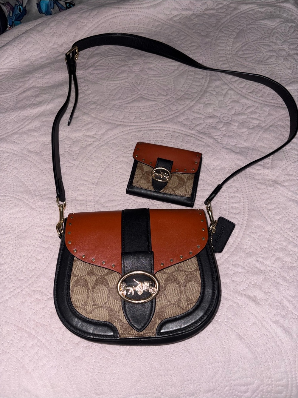 Coach Brown & Black Signature Crossbody with Cognac Flap